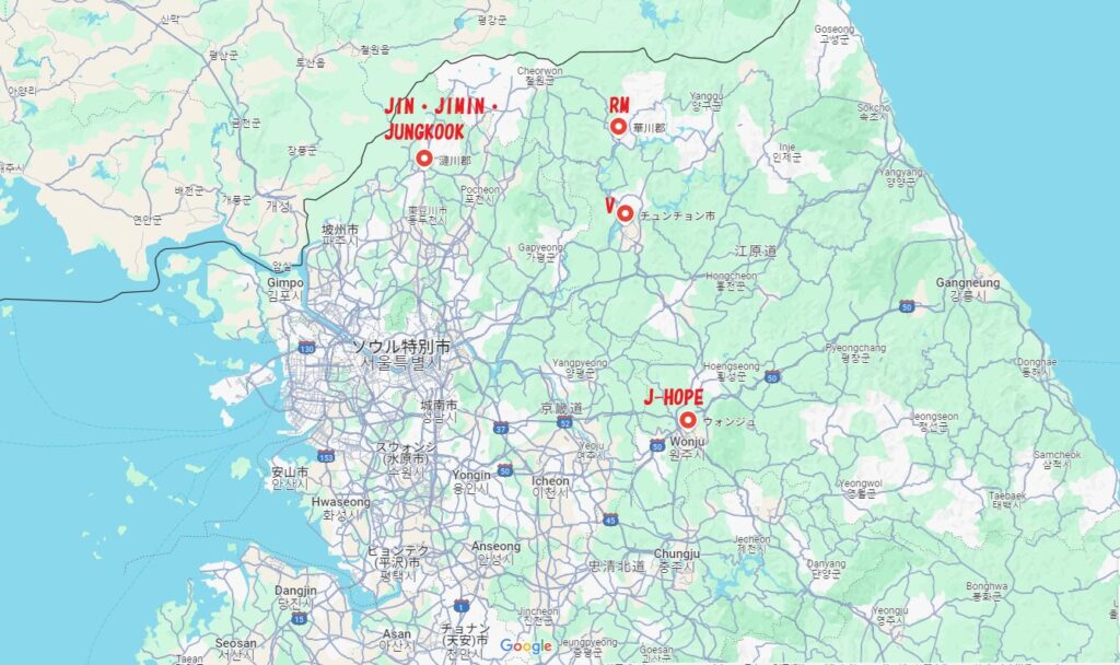 BTSメンバーの兵役の配属先地図