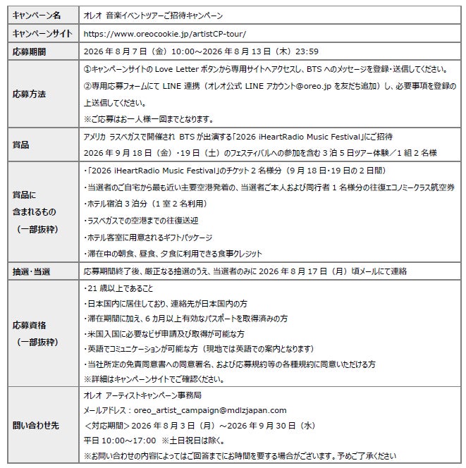 OREOとBTSコラボでラスベガス音楽フェス招待キャンペーン、8月13日まで応募受付
